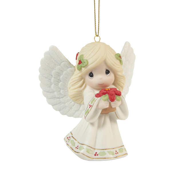 Front view of Precious Moments Annual Angel with Red Poinsettia Ornament, 211020.