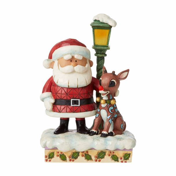 Front view of Rudolph Traditions Santa and Lampost Lighted Figurine by Jim Shore, 6009110.