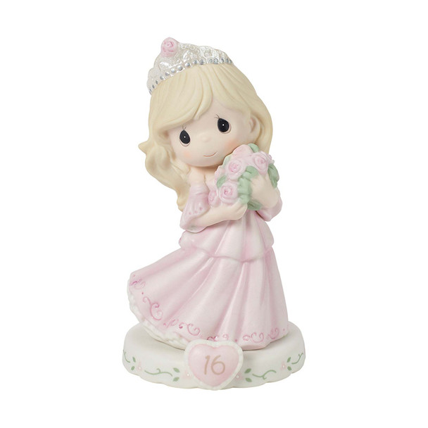 Front view of Precious Moments Growing in Grace Age 16 Blonde Girl in Tiara Birthday Figurine, 162015.