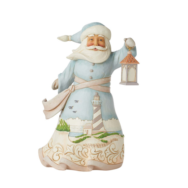 Front view of Heartwood Creek Coastal Santa w/ Lantern and Lighthouse Scene Figurine by Jim Shore, 6010806.