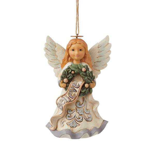 Front view of Heartwood Creek White Woodland Believe Angel Ornament by Jim Shore, 6009587.