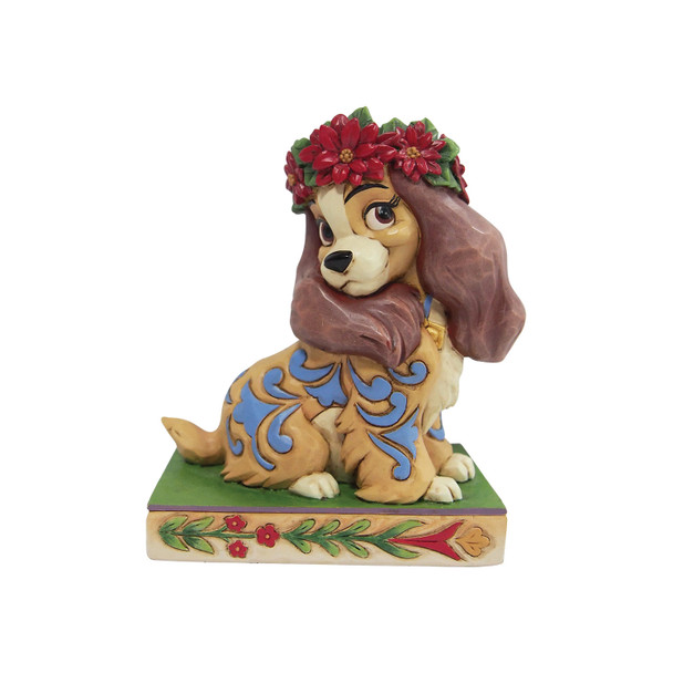 Front view of Disney Traditions Lady (Tramp) Christmas Figurine by Jim Shore, 6010876.