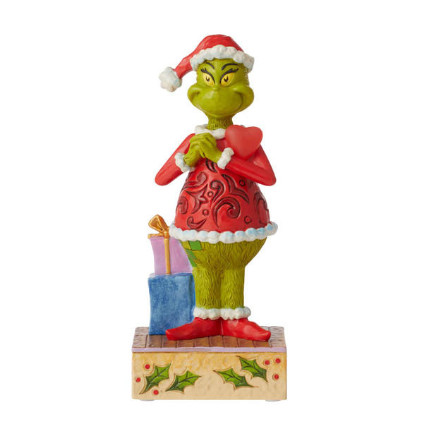 Front view of Dr. Seuss Grinch with Large Heart Light-Up Figurine by Jim Shore, 6010782.