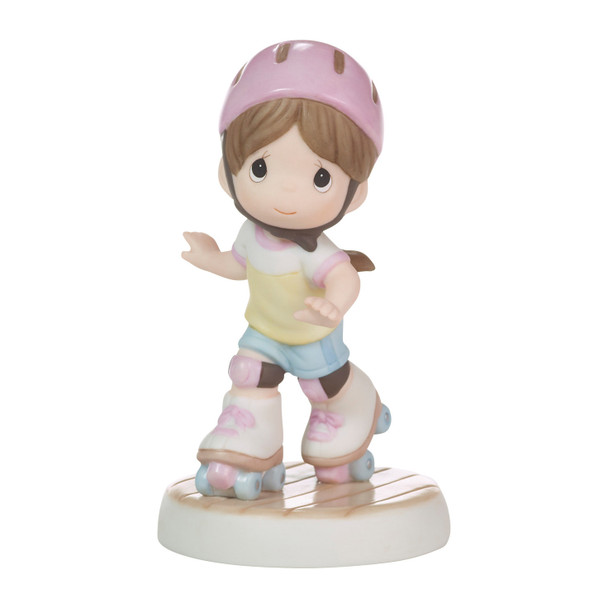 Front view of the Precious Moments 'This is How I Roll' Brunette Roller Skating Girl Figurine, 222005.