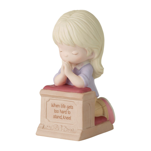 Front left angle view of the Precious Moments 'When Life Gets Too Hard' Blonde Hair Light Skin Praying Girl Figurine, 223006.