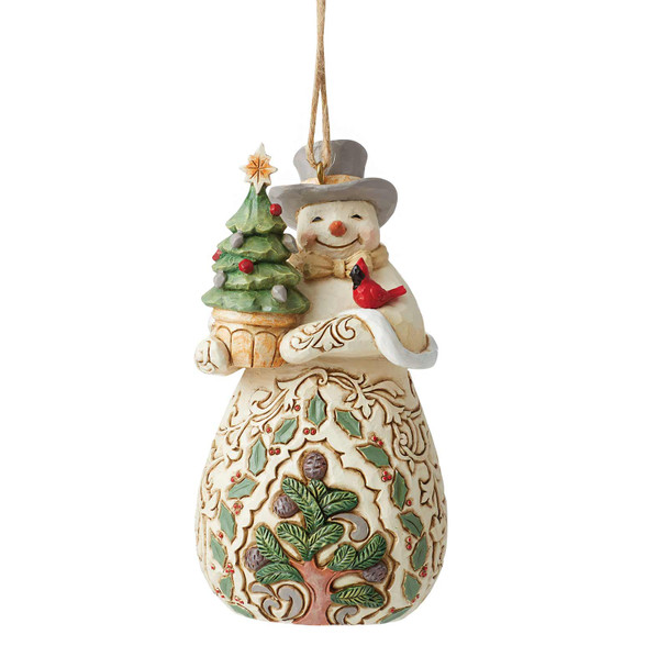 Front view of the Heartwood Creek White Woodland Snowman with Evergreen Tree Ornament by Jim Shore, 6012691.