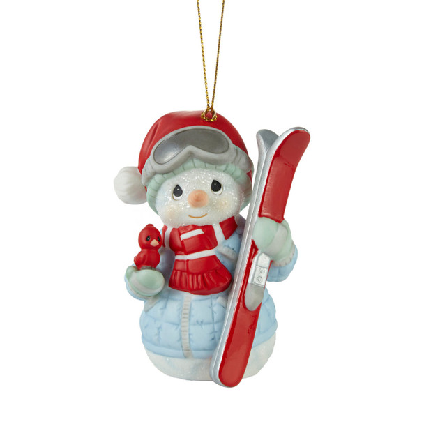 Front view of the Precious Moments 'Tis the Ski-son 14th Annual Snowman Series Christmas Ornament, 231016.