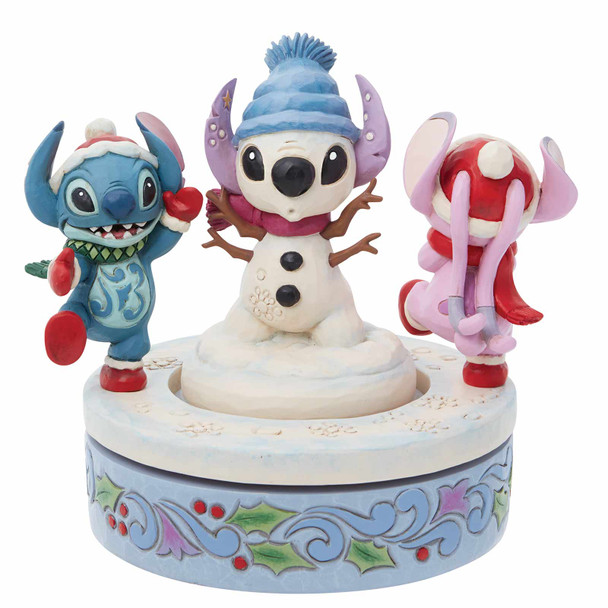 Disney Traditions Stitch and Angel Building a Snowman Rotatable Figurine by Jim Shore, 6013061.