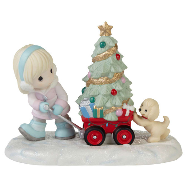 Front view of the Precious Moments Girl Pulling Christmas Tree in Wagon Figurine, 231041.