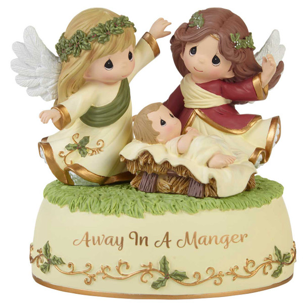 Front view of the Precious Moments Angels with Baby Jesus Musical Figurine 'Away In A Manger', 231403.