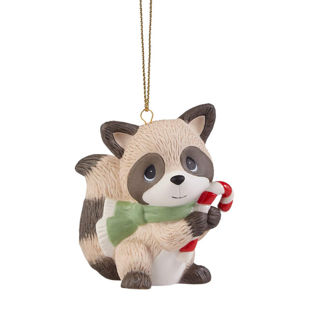 Front view of the Precious Moments Raccoon with Candy Cane Tree Ornament 'Spreading Christmas Cheer', 221024.