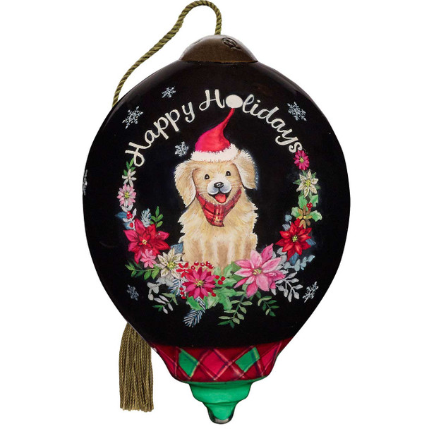 Front view of the Precious Moments Ne'Qwa 'We Woof You A Merry Christmas' Dog Ornament, 7231135.