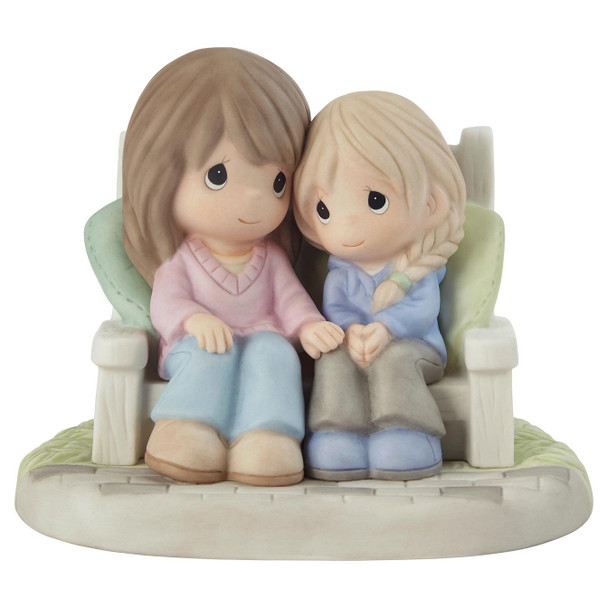 Front view of the Precious Moments Mom And Daughter On Bench Figurine, 212006.
