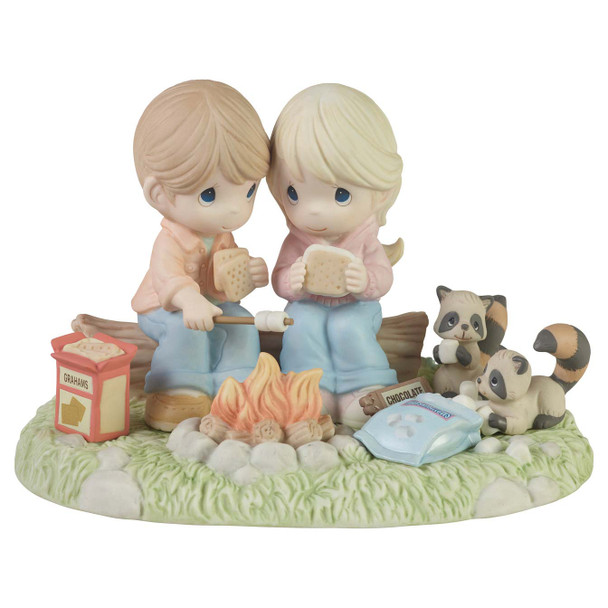 Front view of the Precious Moments Campfire Couple with S'mores Figurine Limited Edition, 232005.