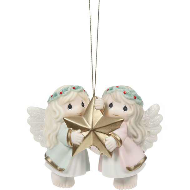 Front view of the Precious Moments Angelic Touch Angels with Star 3.25-inch Christmas Tree Ornament, 241030.