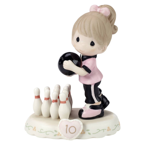 Front view of Precious Moments Growing in Grace Brunette Girl Age 10 Bowling Figurine, 154037B.