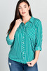 Green/Ivory Striped Button Down Rolled Up Sleeve PLUS Top