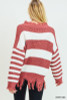 Chunky Knit Frayed Hem Sweater in Berry/White Stripes