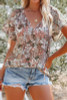Brown Floral Plus Short Sleeve Button Down Top V-Neck 