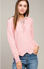Pink Scalloped Hem Lace Up Pullover Sweater