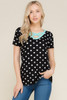 Black Polka Dot Short Sleeve Top with Mint Criss Cross Neck