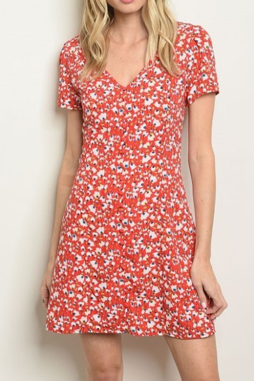 red floral v neck dress