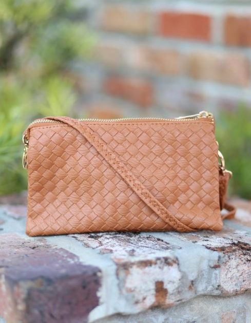 Betts Basketweave Crossbody Bag in Camel - Paisley Pointe Boutique