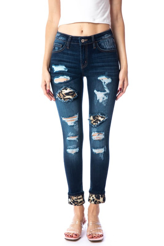 Dark Wash Kancan Leopard Patch and Cuff 
