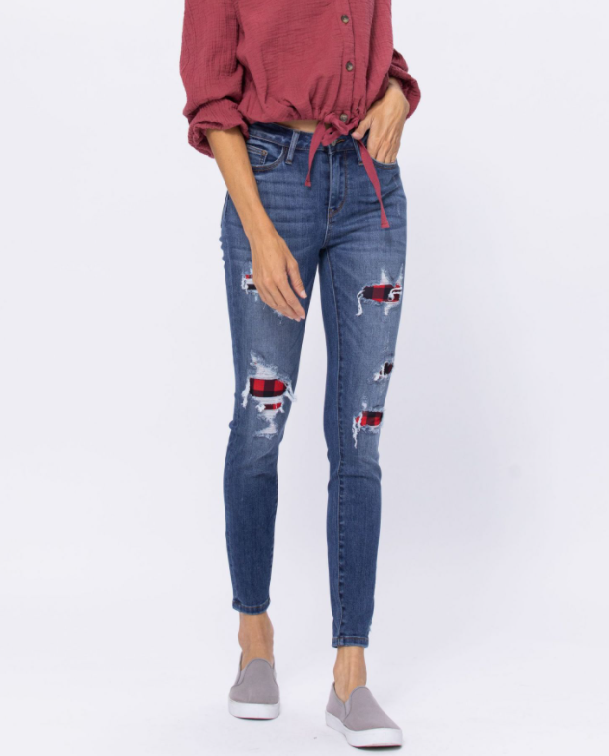 Judy Blue Buffalo Plaid Patch Skinny 