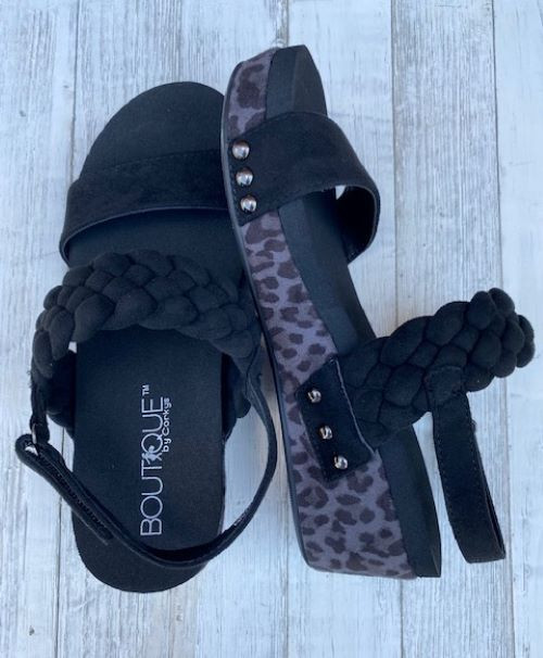 Corkys Pleasant Wedge in Black Suede/Leopard Paisley Pointe Boutique