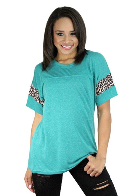 Turquoise Tee Shirt with Cheetah Print Sleeves