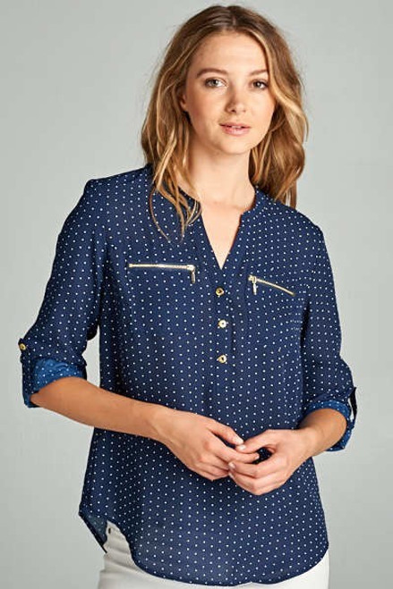 Navy with White Polka Dots Rolled Sleeve Top