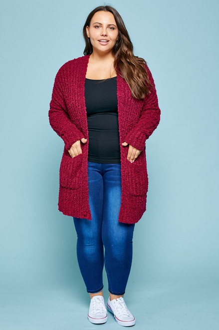 Burgundy Plus Popcorn Knit Cardigan with Pockets