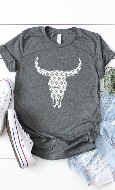 Aztec Bull Skull Graphic Tee in Heather Gray