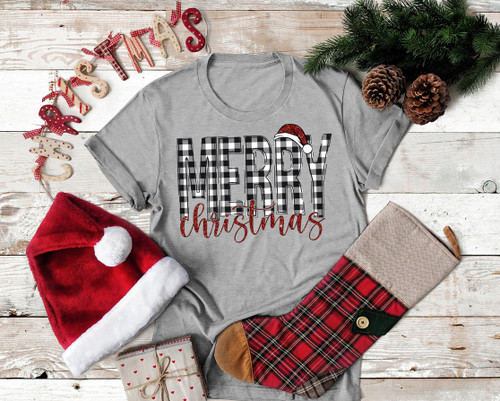 Grey Plaid and Glitter Print Merry Christmas Tee