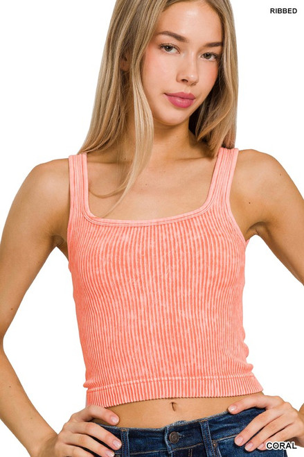 Mineral Washed Ribbed 2 Way Crop Top in Coral