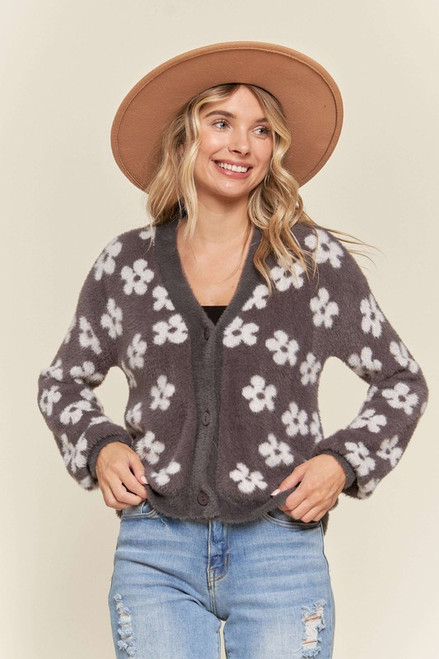 Charcoal Fuzzy Floral Cardigan with Buttons