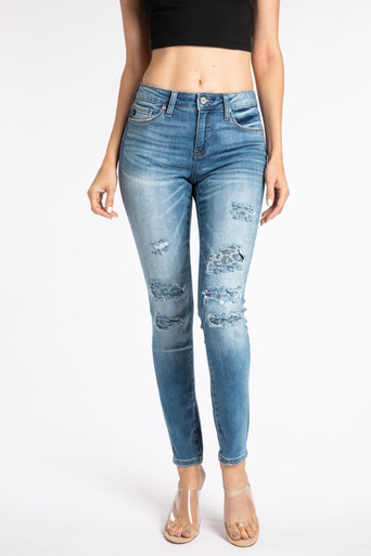 KanCan Skinny Jean with Denim Leopard Patches - Paisley Pointe Boutique