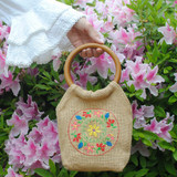 Folk Stitchery Wooden Handle Burlap Purse