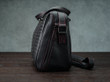 hand woven black leather camera bag red stitching