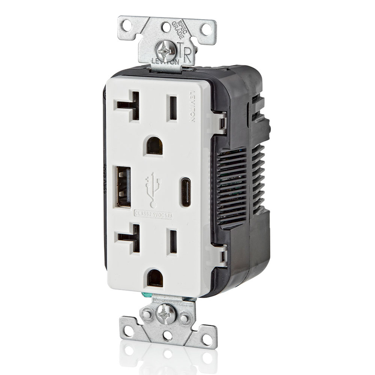 Leviton T5833-W - 5.1A USB Type A/Type-C Wall Outlet Charger with 20A Tamper-Resistant Receptacle