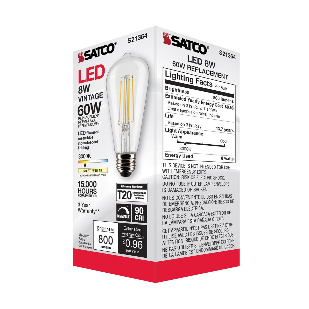 Satco S21364 8 Watt ST19 LED; Clear; Medium base; 90 CRI; 3000K; 120 Volt
