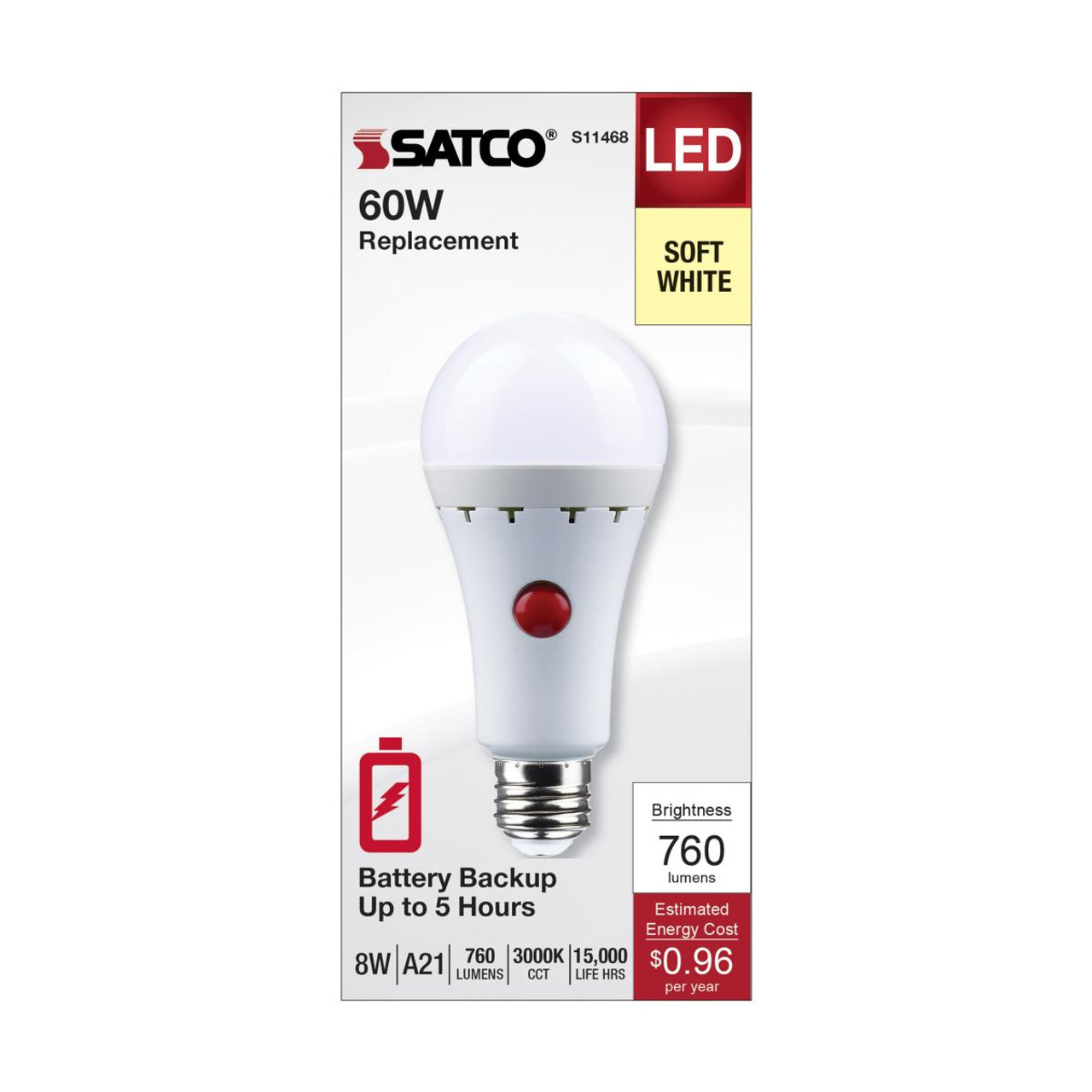 Satco S11468 - 8 Watt A21 LED; 3000K; Medium Base; 120 Volt; 80 CRI; With 5 Hour Battery Backup
