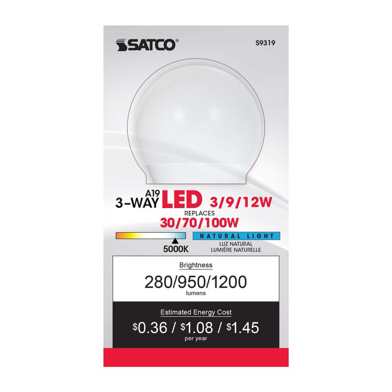 SATCO S9319 3 Watt/9 Watt/12 Watt; A19 LED; 3-way; Frosted; 5000K; Medium base; 220 deg. Beam Angle; 120 Volt