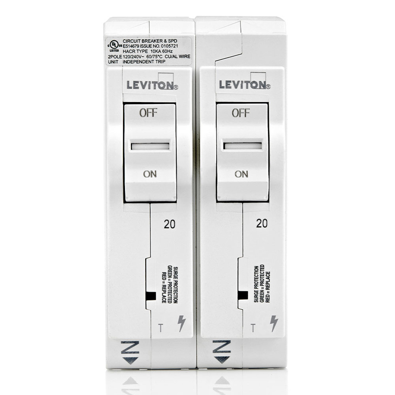 LEVITON Surge Protective Device with Two 20A 1-Pole Standard Thermal Magnetic Branch Circuit Breakers