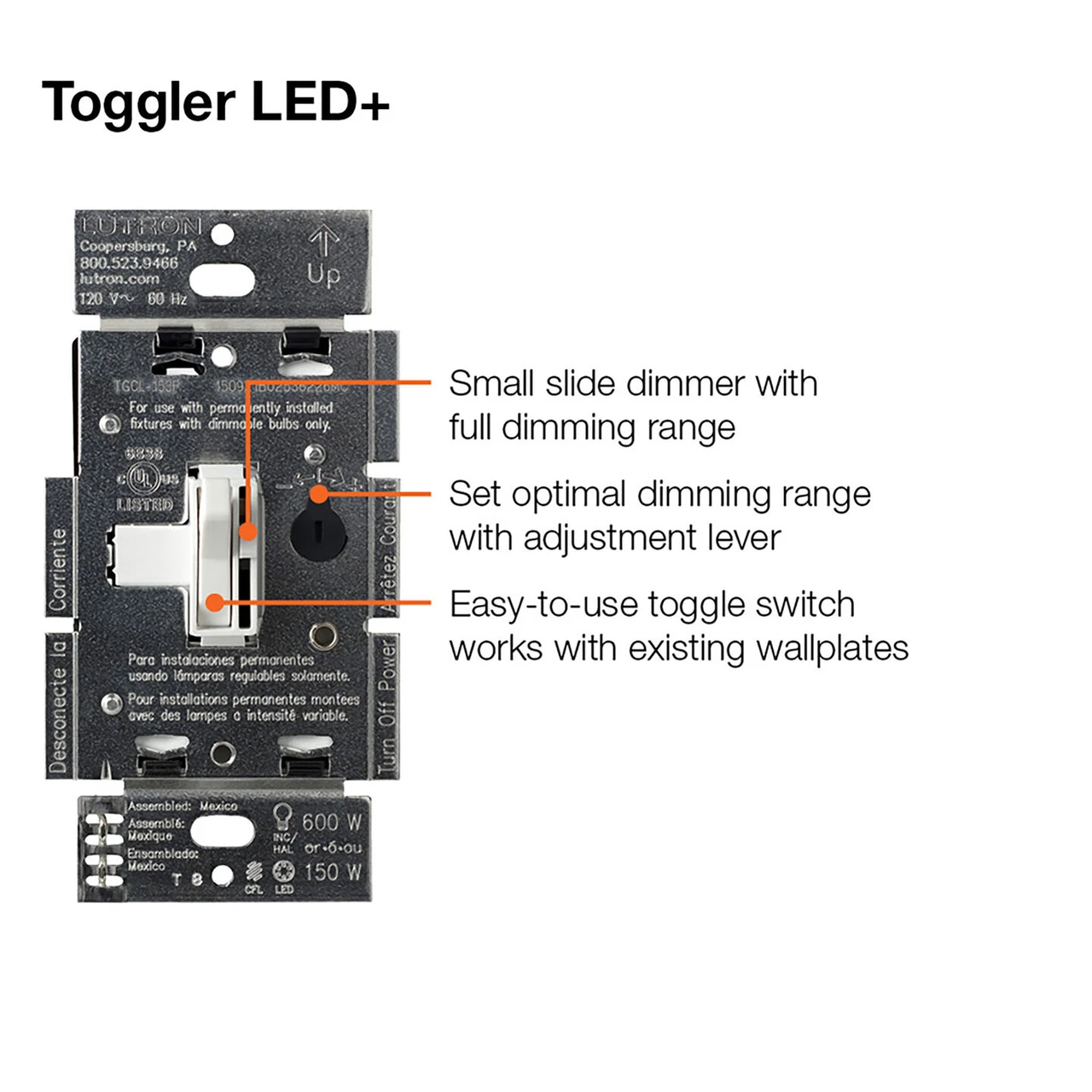 Lutron AYCL-153PH-WH Ariadni/Toggler LED+ Dimmer
