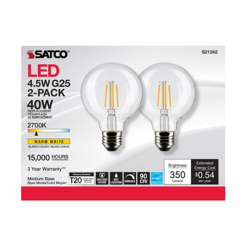 Satco LED Filament Bulb - 4.5W - G25 - 40W INC Equal - 350 Lumens - 2700K - Clear Finish - Pack Of 2