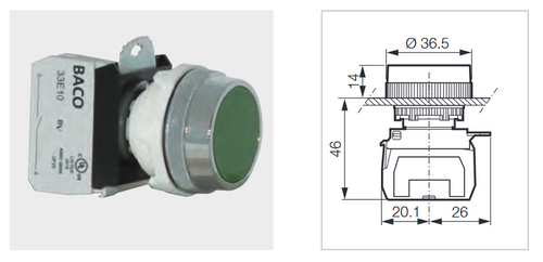 BACO CONTROLS T11AA02-3E11 GRN PB 30MM NO/NC CONTACTS