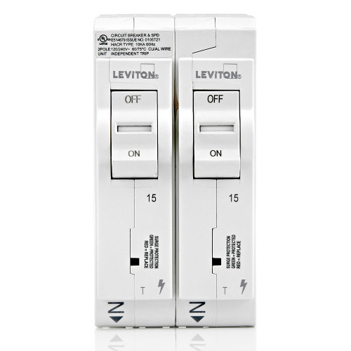LEVITON Surge Protective Device with Two 15A 1-Pole Standard Thermal Magnetic Branch Circuit Breakers LEVITON Surge Protective Device with Two 15A 1-Pole Standard Thermal Magnetic Branch Circuit Breakers