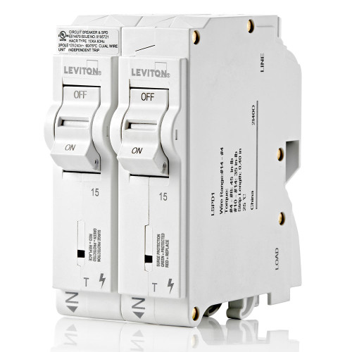 LEVITON Surge Protective Device with Two 15A 1-Pole Standard Thermal Magnetic Branch Circuit Breakers LEVITON Surge Protective Device with Two 15A 1-Pole Standard Thermal Magnetic Branch Circuit Breakers